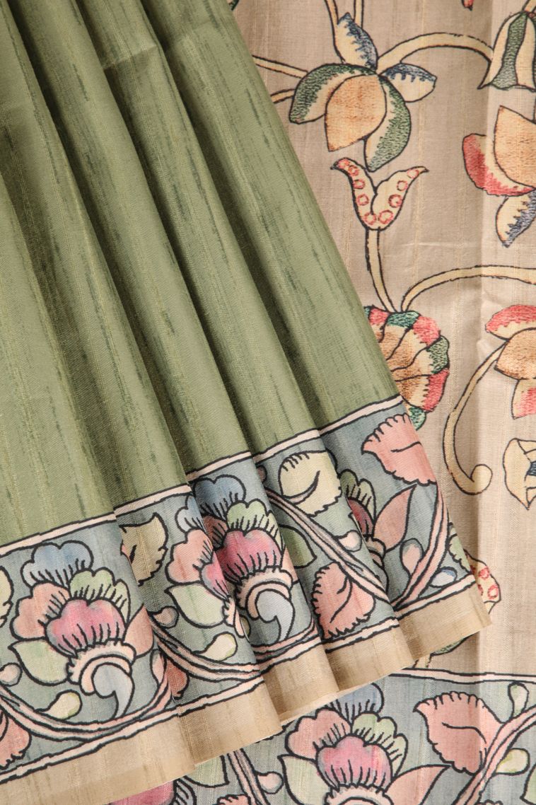Olive Green Semi Tussar Silk with Without Zari Zari Plain view 1