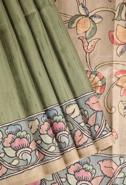 Olive Green Semi Tussar Silk with Without Zari Zari Plain