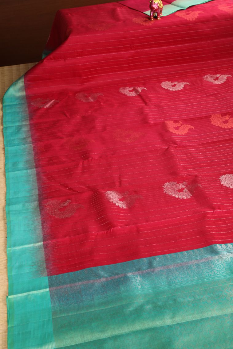 Rose  Red Soft Silk Saree with Gold Zari Peacock Motifs view 2