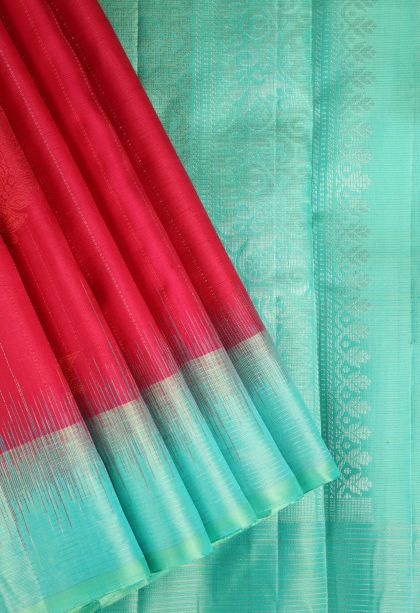 Rose Red Soft Silk Saree with Gold Zari Peacock Motifs