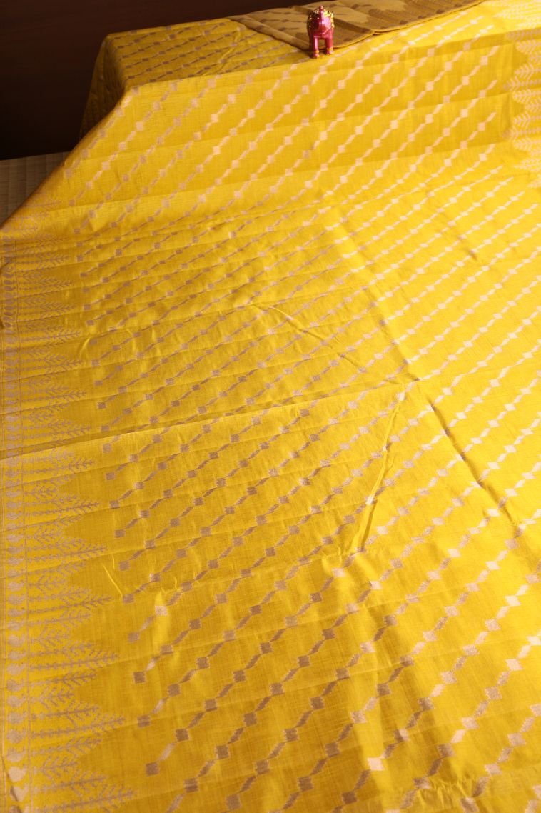 Lemon Yellow Semi Tussar Silk with Gold Zari Cross Straipes view 2