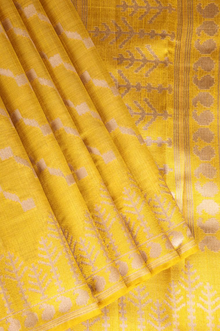 Lemon Yellow Semi Tussar Silk with Gold Zari Cross Straipes view 1
