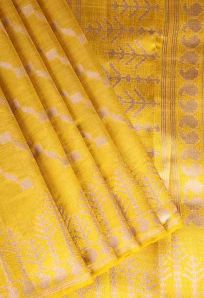 Lemon Yellow Semi Tussar Silk with Gold Zari Cross Straipes