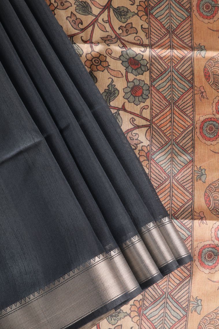 Eel Black Semi Tussar Silk with Gold Zari Plain view 1