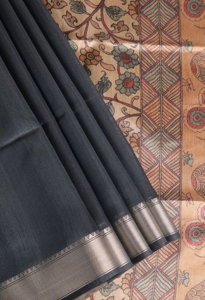 Eel Black Semi Tussar Silk with Gold Zari Plain