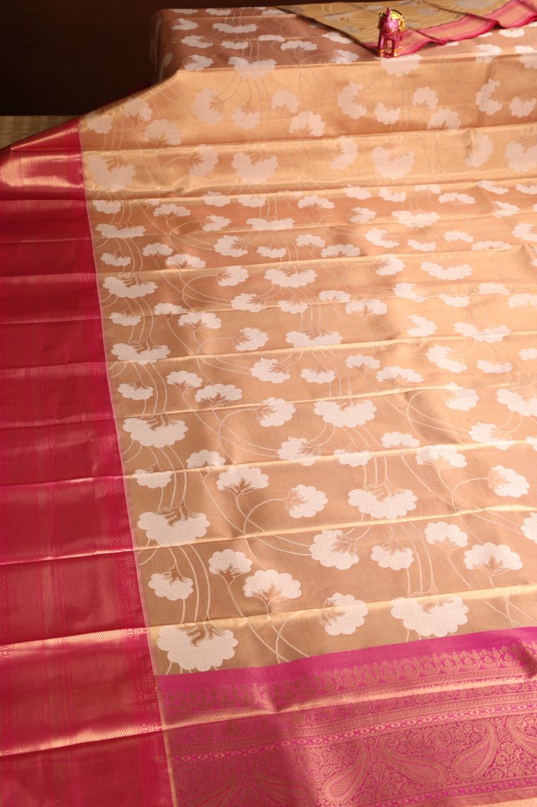 Sepia Yellow Visiri Madippu Silk Sarees with Copper Zari Floral Patterns view 2