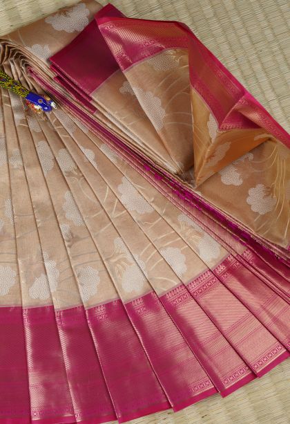 Sepia Yellow Visiri Madippu Silk Sarees with Copper Zari Floral Patterns