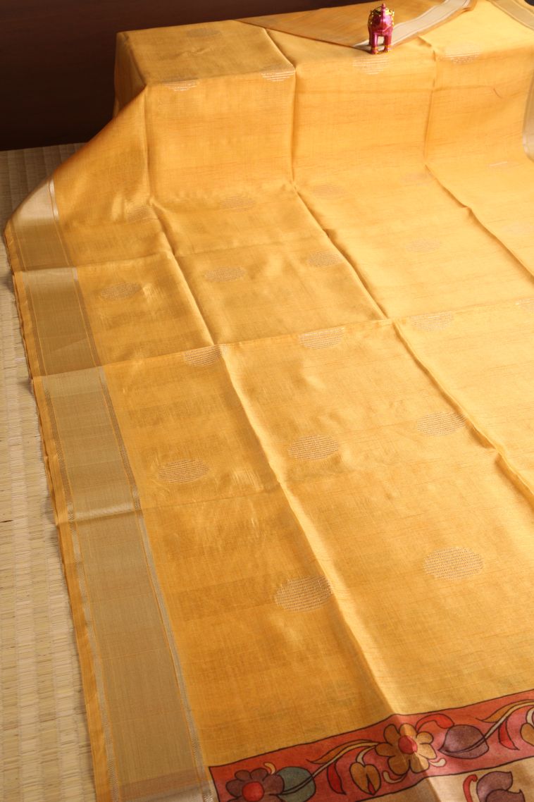 Macaroon Yellow Semi Tussar Silk with Gold Zari Puttas view 2