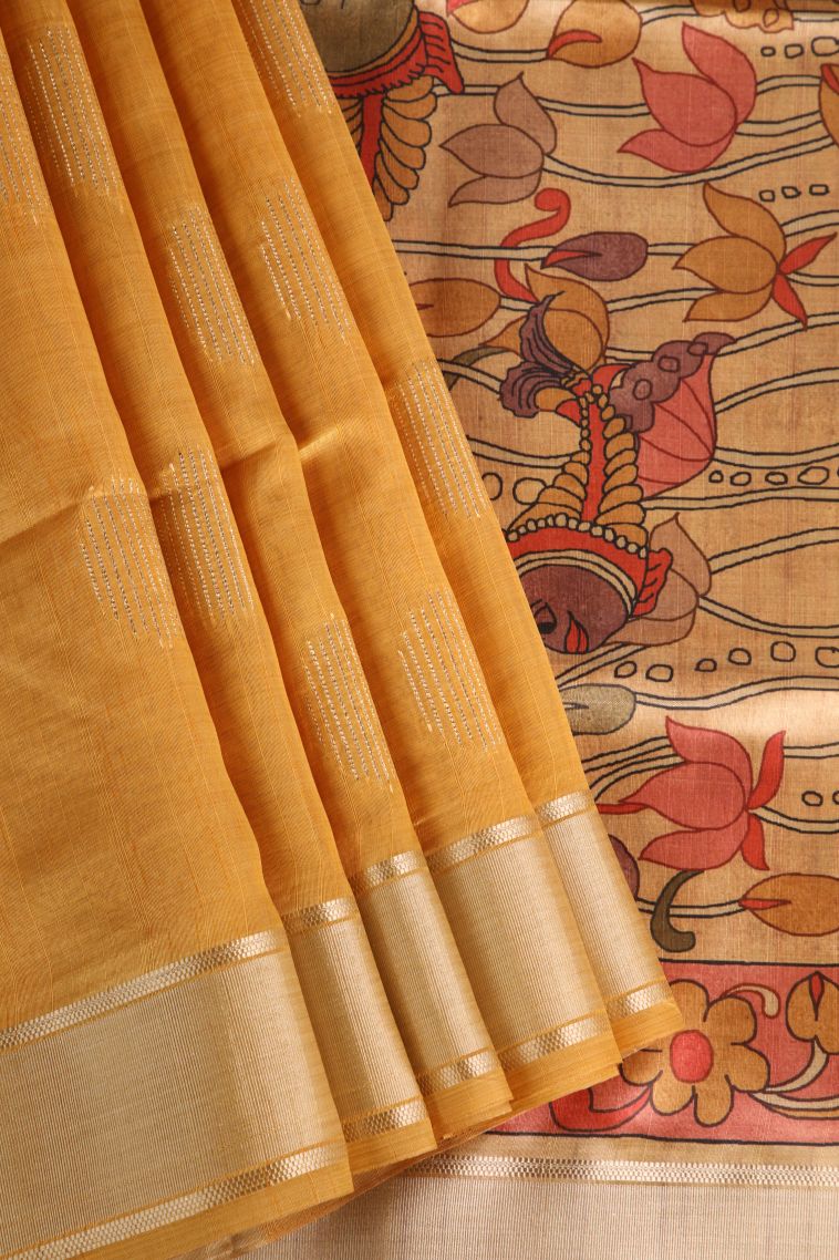 Macaroon Yellow Semi Tussar Silk with Gold Zari Puttas view 1