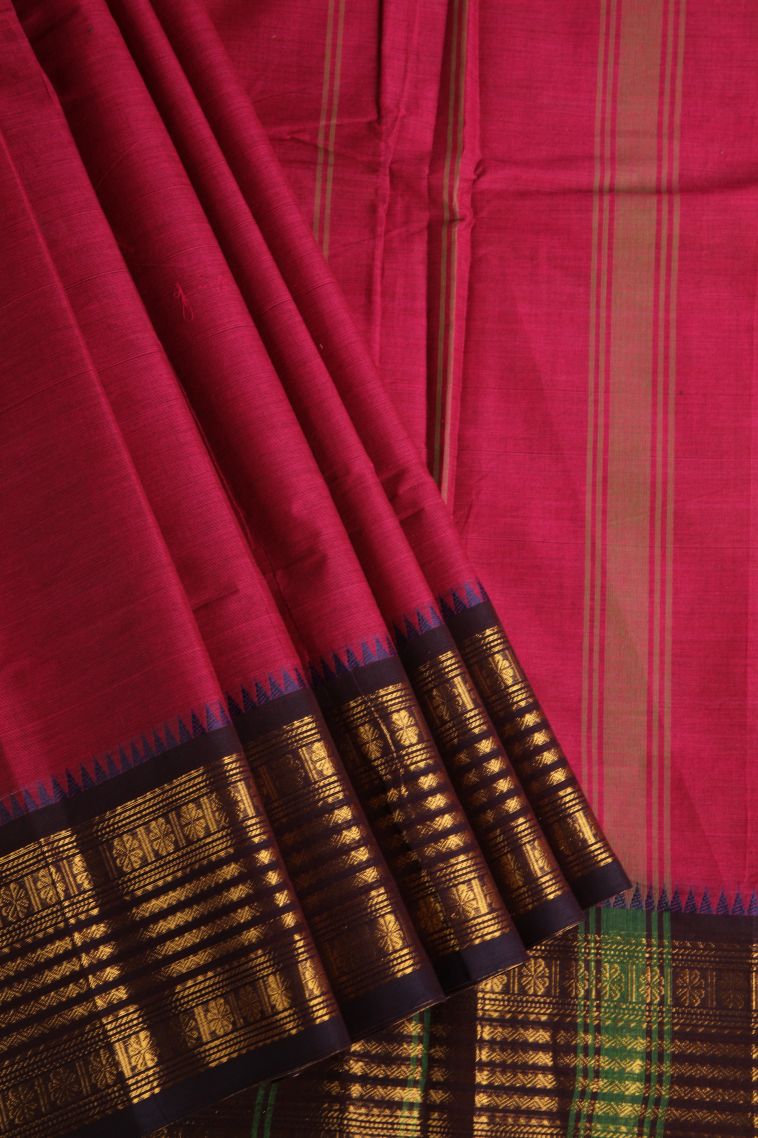 Magenta  Pink Chettinad Cotton Sarees with Gold Zari Plain view 1