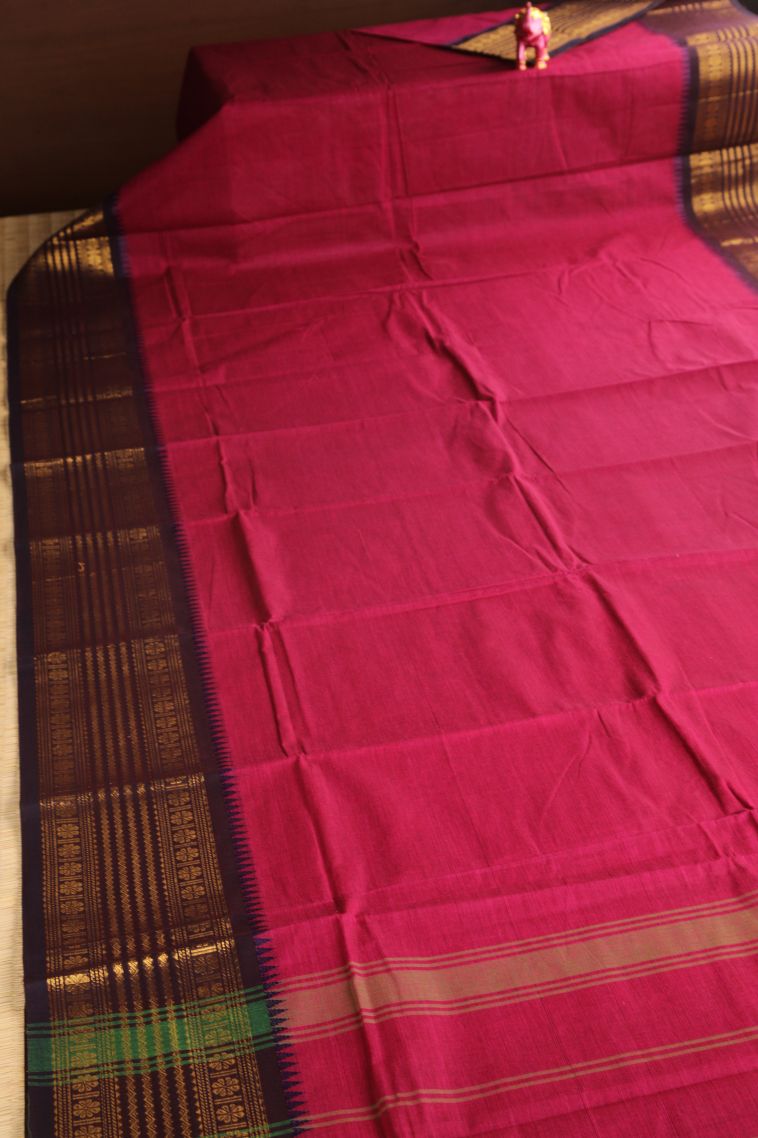 Magenta  Pink Chettinad Cotton Sarees with Gold Zari Plain view 2