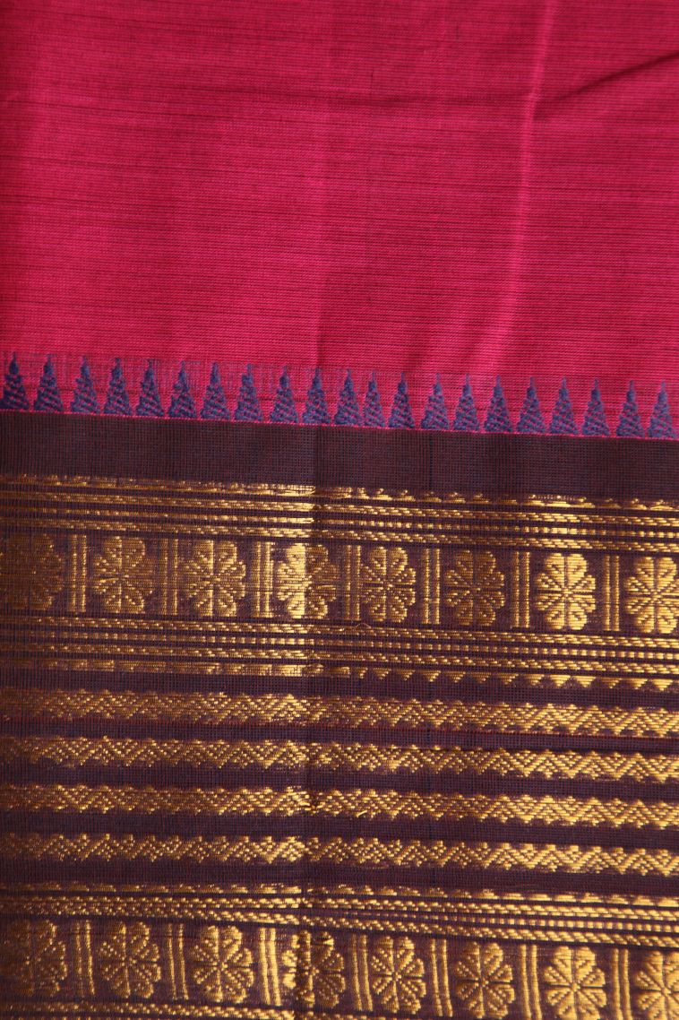 Magenta  Pink Chettinad Cotton Sarees with Gold Zari Plain view 3
