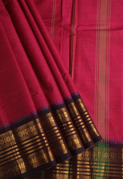 Magenta  Pink Chettinad Cotton Sarees with Gold Zari Plain