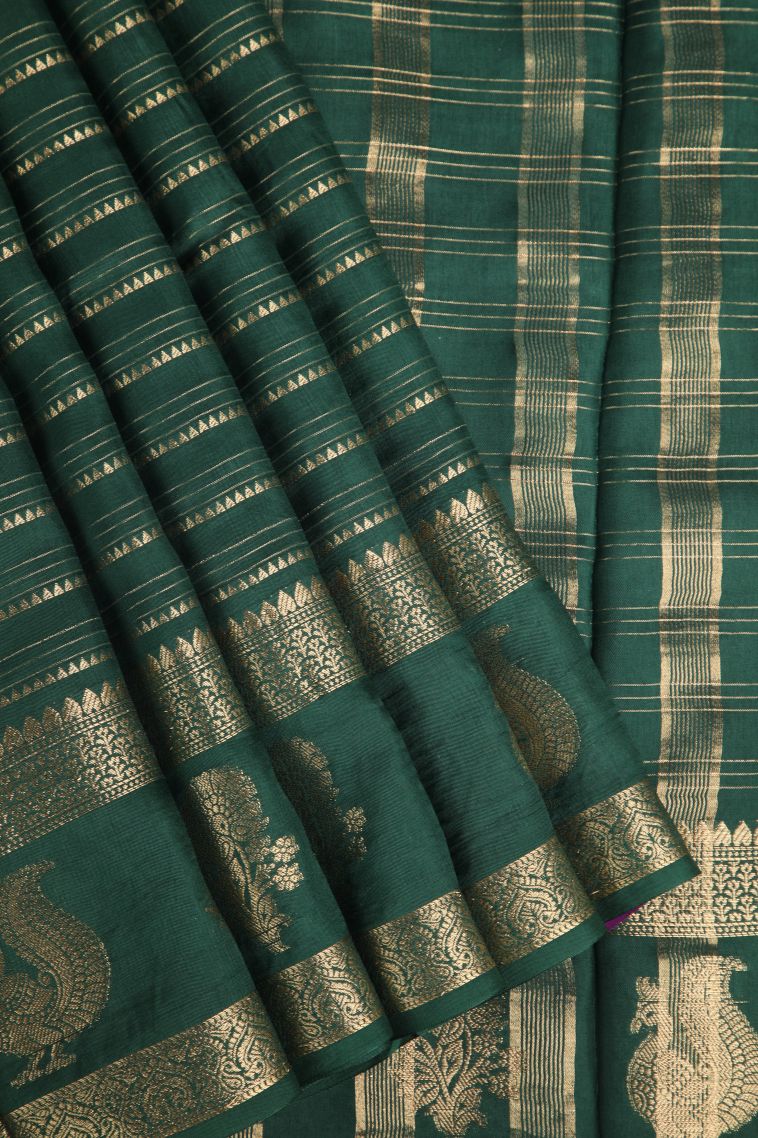Pine Green Fancy Saree with Gold Zari Temple Pattern view 1