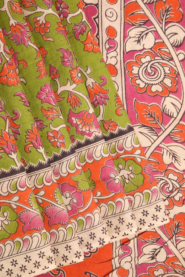 Pear Green Kalamkari with Without Zari Zari Floral Patterns view 1