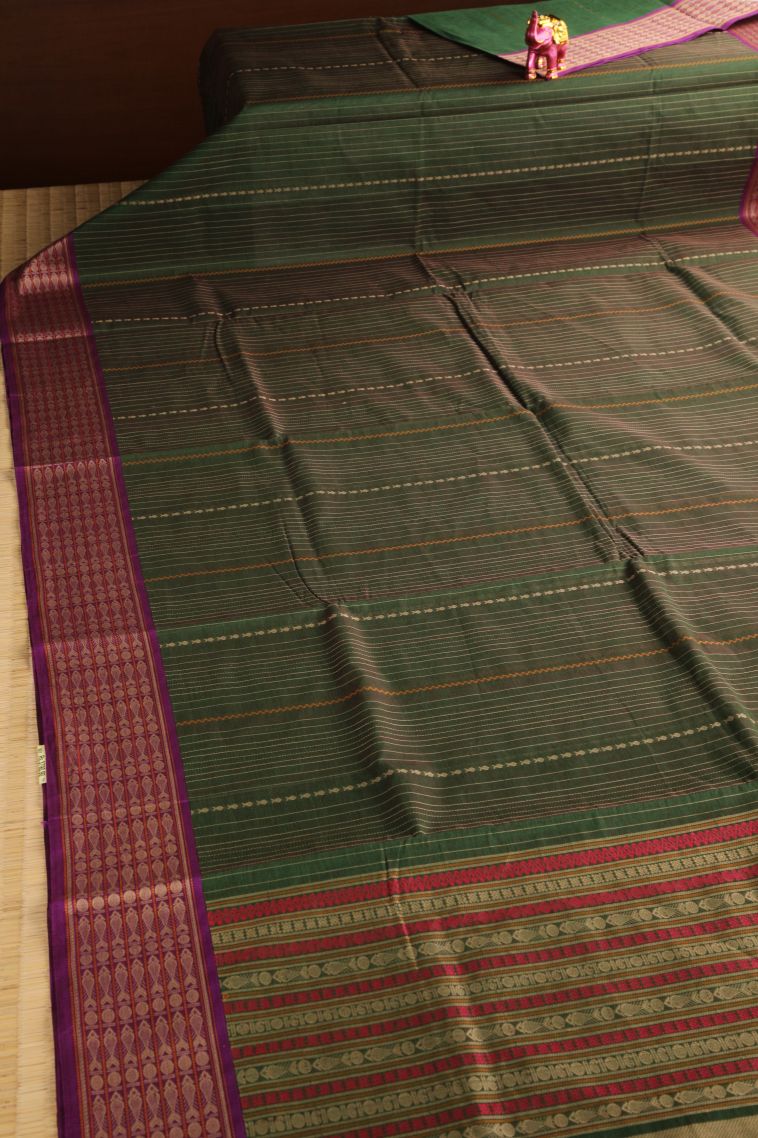 Juniper Green Kovai Cotton Sarees with Thread Zari Stripes view 2