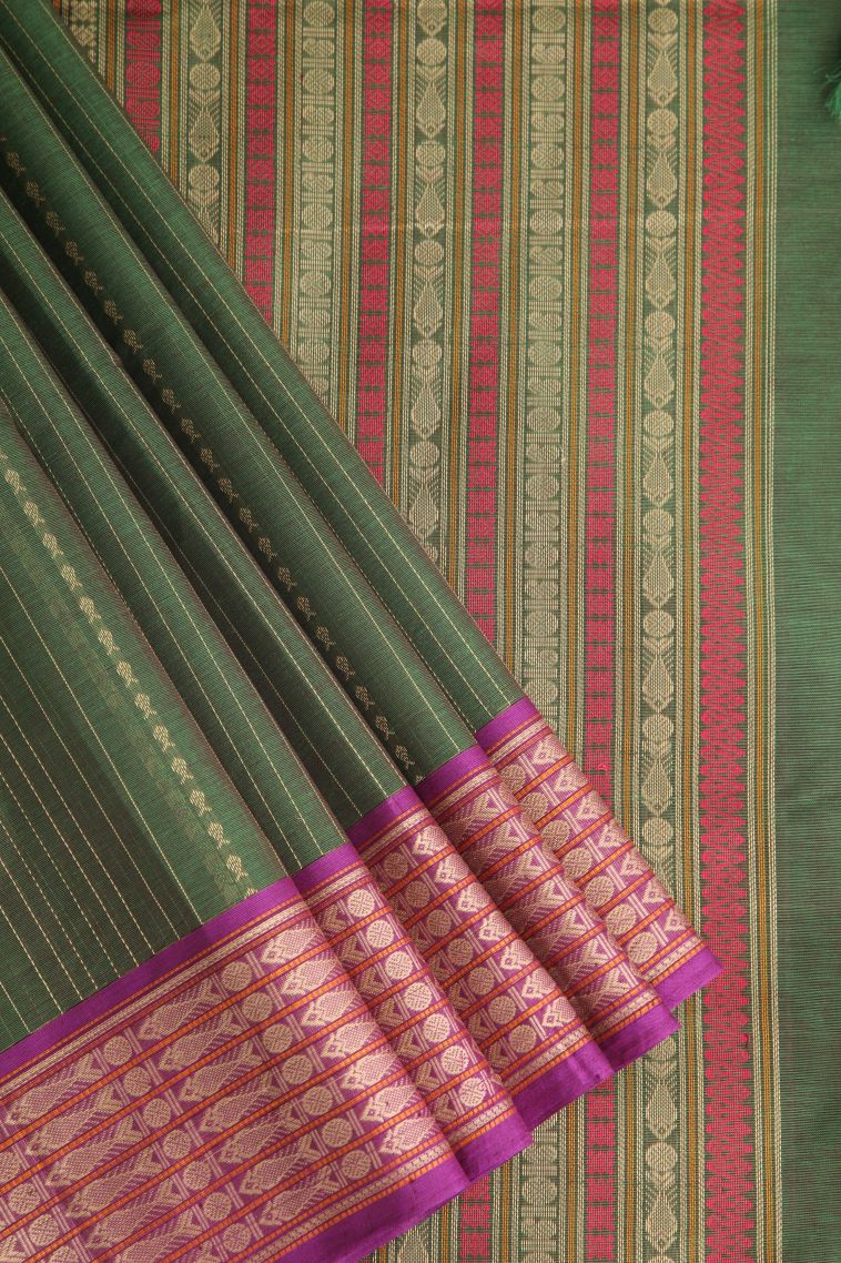 Juniper Green Kovai Cotton Sarees with Thread Zari Stripes view 1