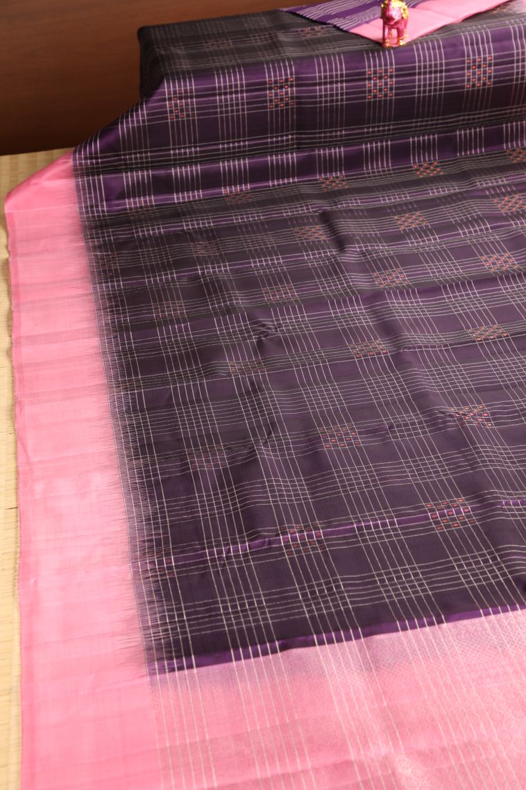 Mulberry Purple Soft Silk Saree with Gold Zari Checks And Puttas view 2
