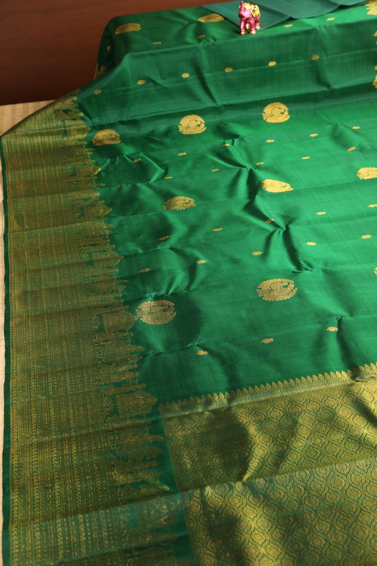 Pine Green Kanchipuram Silk Sarees with Gold Zari Floral Puttas view 2