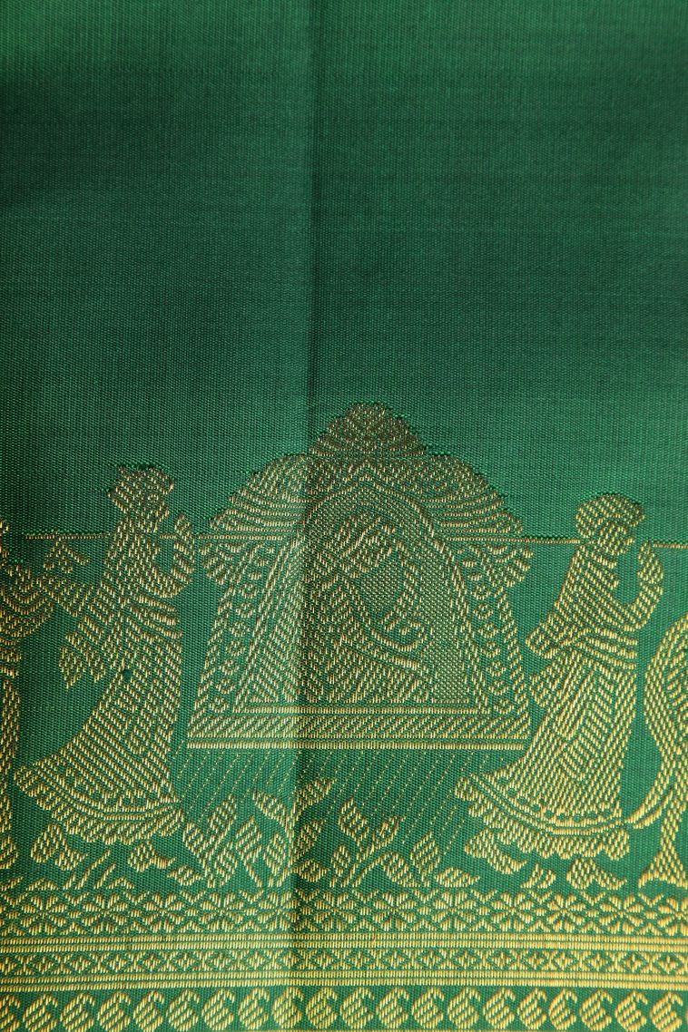 Pine Green Kanchipuram Silk Sarees with Gold Zari Floral Puttas view 3