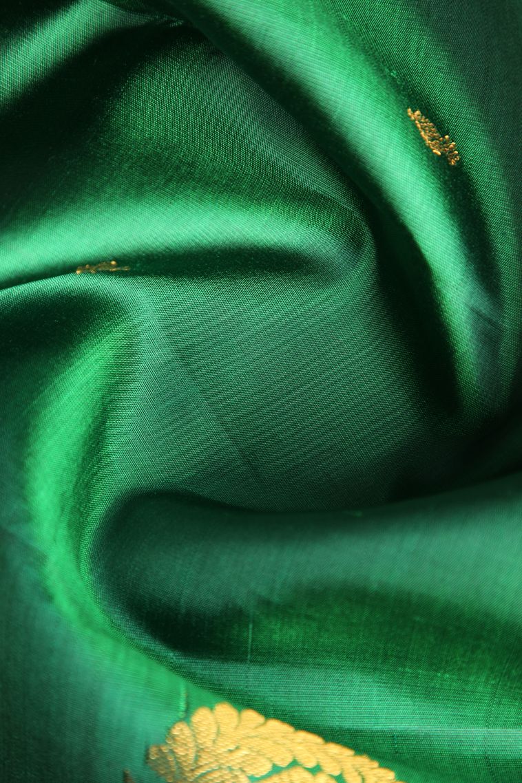 Pine Green Kanchipuram Silk Sarees with Gold Zari Floral Puttas view 4