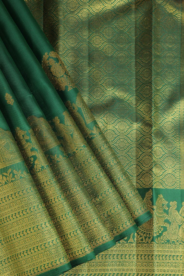 Pine Green Kanchipuram Silk Sarees with Gold Zari Floral Puttas view 1