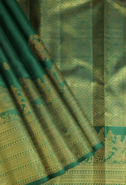 Pine Green Kanchipuram Silk Sarees with Gold Zari Floral Puttas