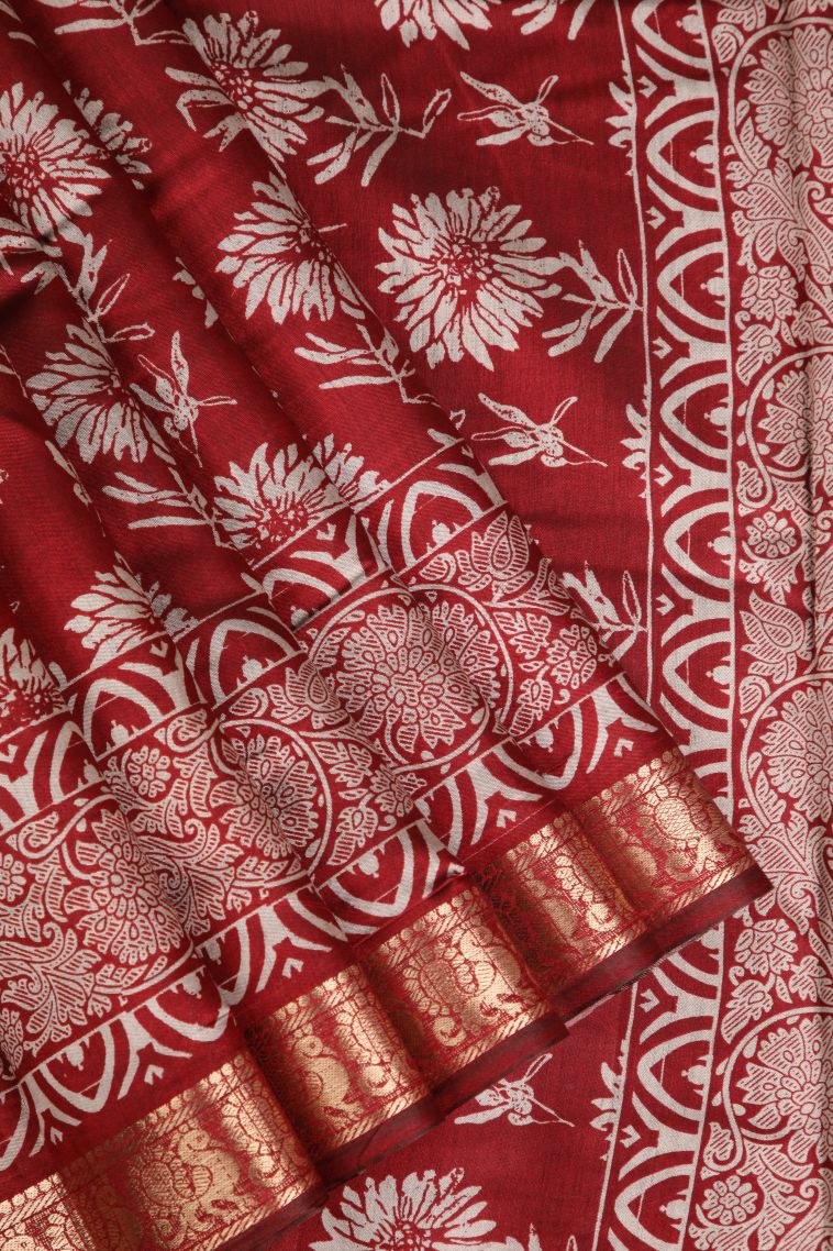 Crimson Red Fancy Saree with Gold Zari Floral Patterns view 1