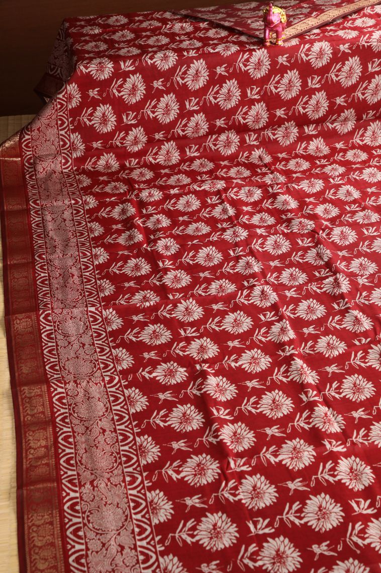 Crimson Red Fancy Saree with Gold Zari Floral Patterns view 2