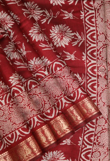Crimson Red Fancy Saree with Gold Zari Floral Patterns