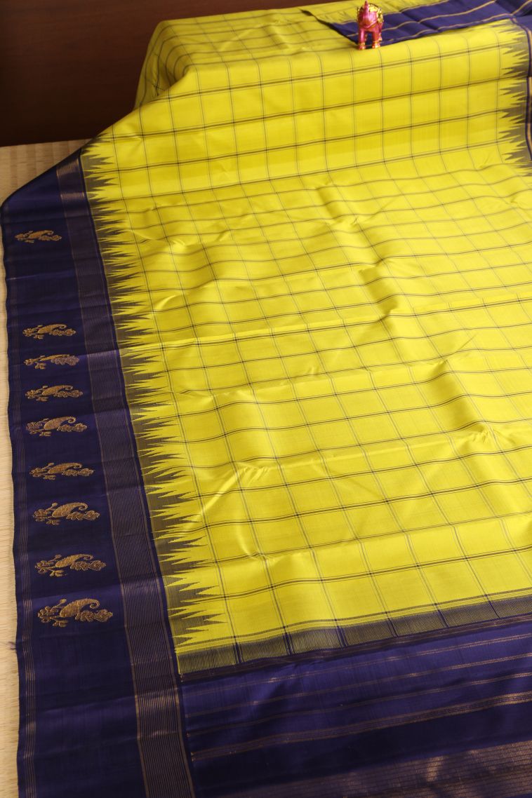 Lemon Yellow Kanchipuram Silk Sarees with Gold Zari Checks view 2