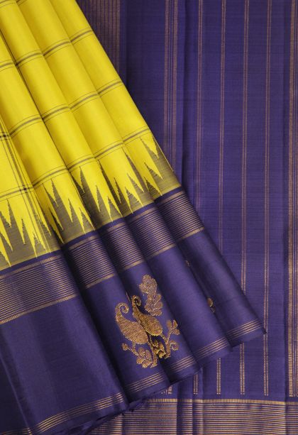 Lemon Yellow Kanchipuram Silk Sarees with Gold Zari Checks