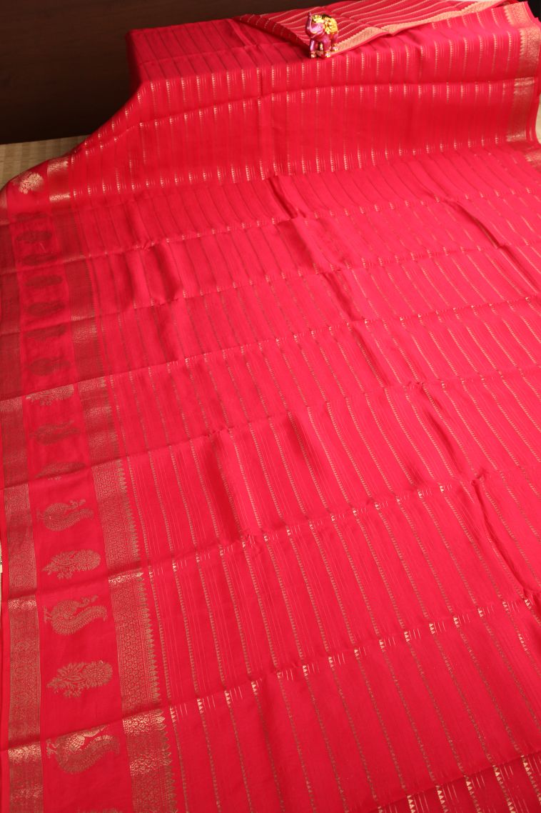 Strawberry Pink Fancy Saree with Gold Zari Temple Pattern view 2