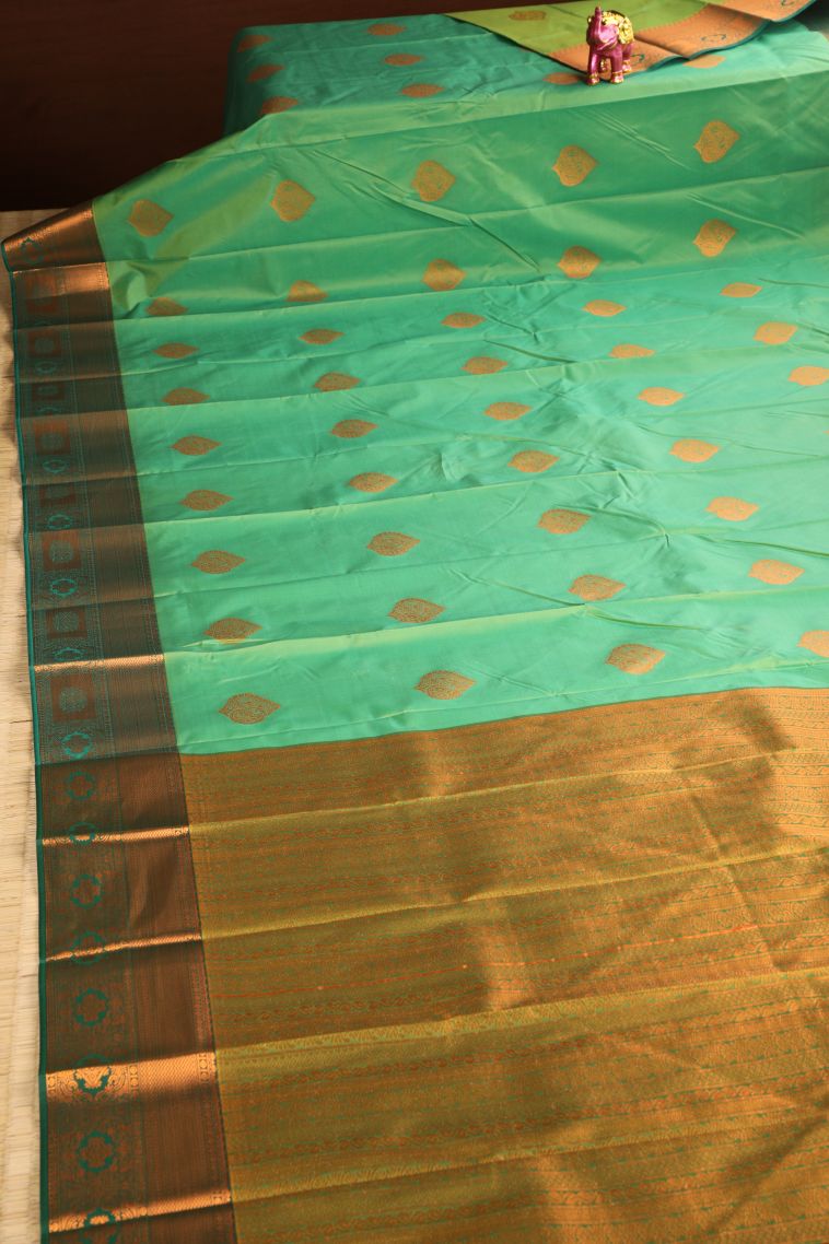 Fern Green Visiri Madippu Silk Sarees with Copper Zari Floral Patterns view 2