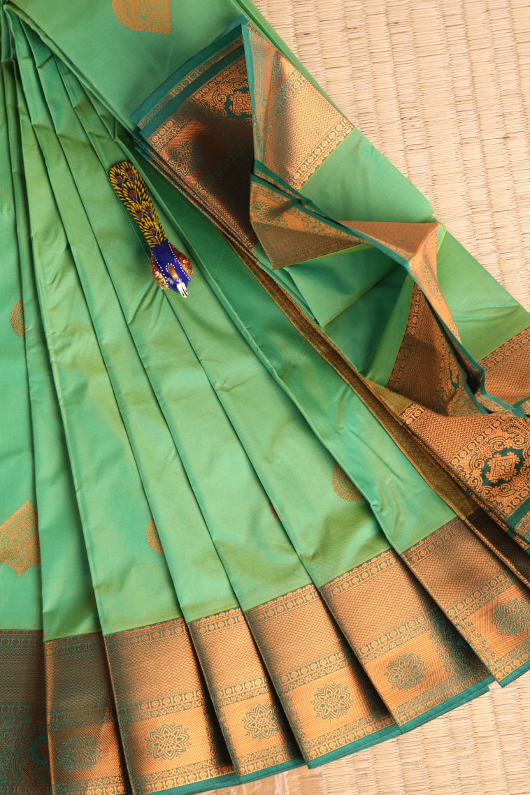 Fern Green Visiri Madippu Silk Sarees with Copper Zari Floral Patterns view 1