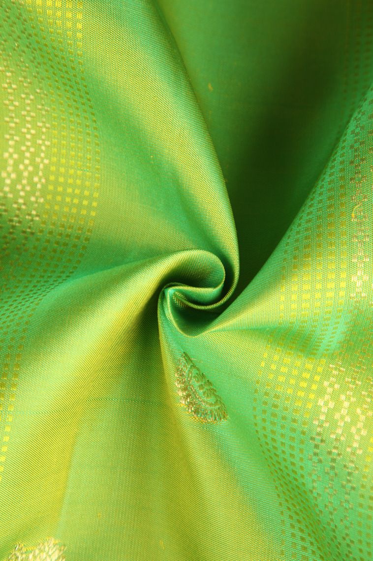 Pear Green Kanchipuram Silk Sarees with Gold Zari Floral Puttas view 4
