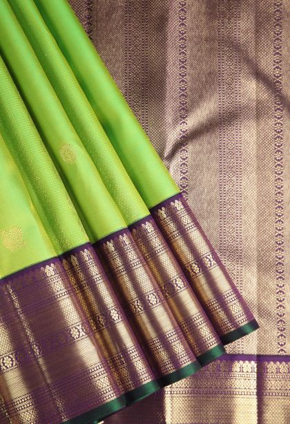 Pear Green Kanchipuram Silk Sarees with Gold Zari Floral Puttas