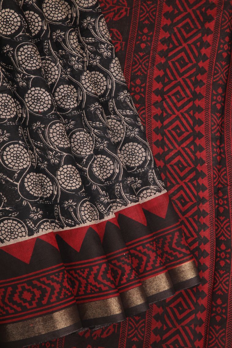Asphalt Black Chanderi Cotton Sarees with Gold Zari Floral Patterns view 1