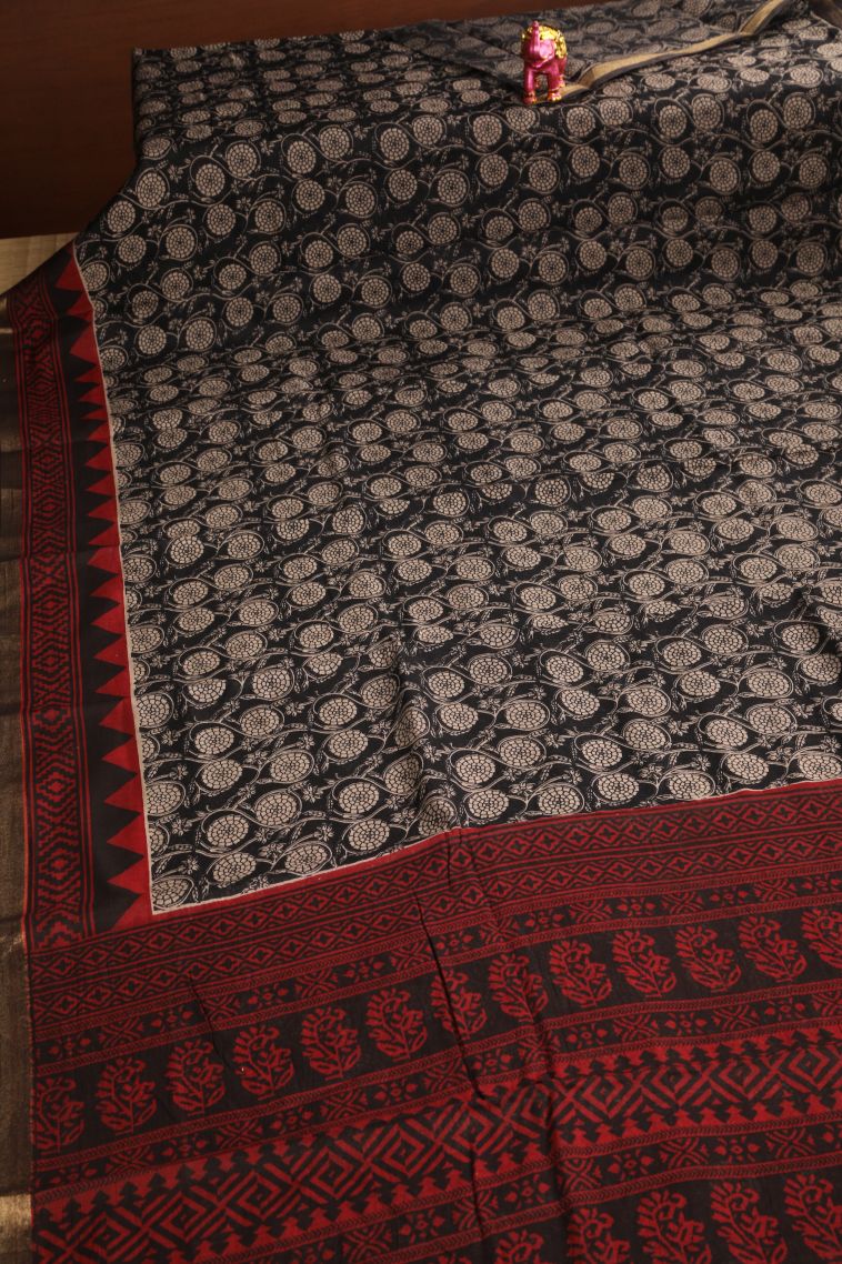 Asphalt Black Chanderi Cotton Sarees with Gold Zari Floral Patterns view 2