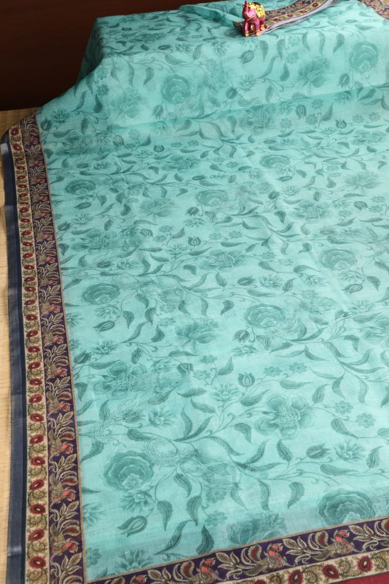 Sky Blue Manipuri Cotton Sarees with Without Zari Zari Floral Patterns view 2