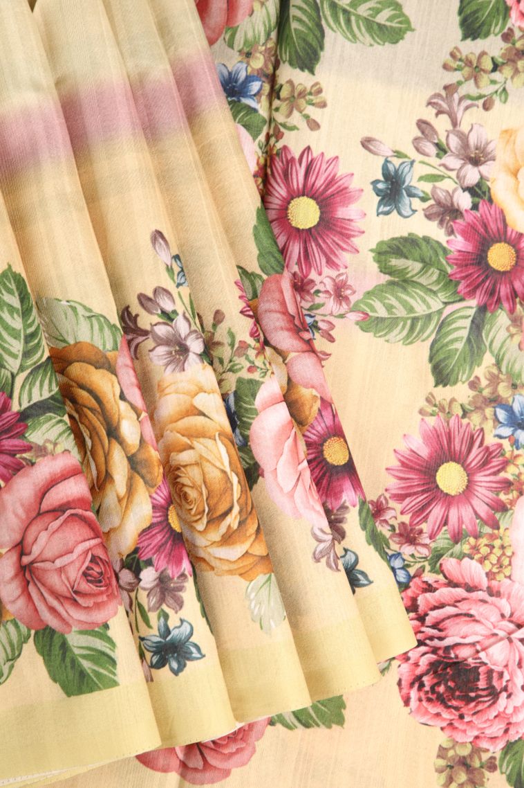 Shortbread Yellow Semi Tussar Silk with Without Zari Zari Floral Patterns view 1