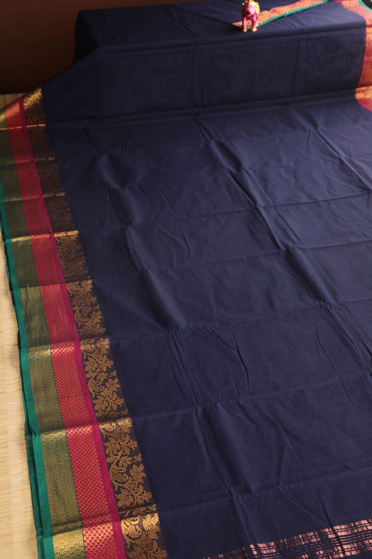 Indigo Blue Chettinad Cotton Sarees with Gold Zari Plain view 2