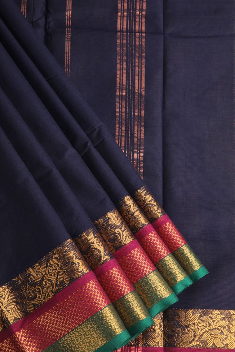 Indigo Blue Chettinad Cotton Sarees with Gold Zari Plain view 1