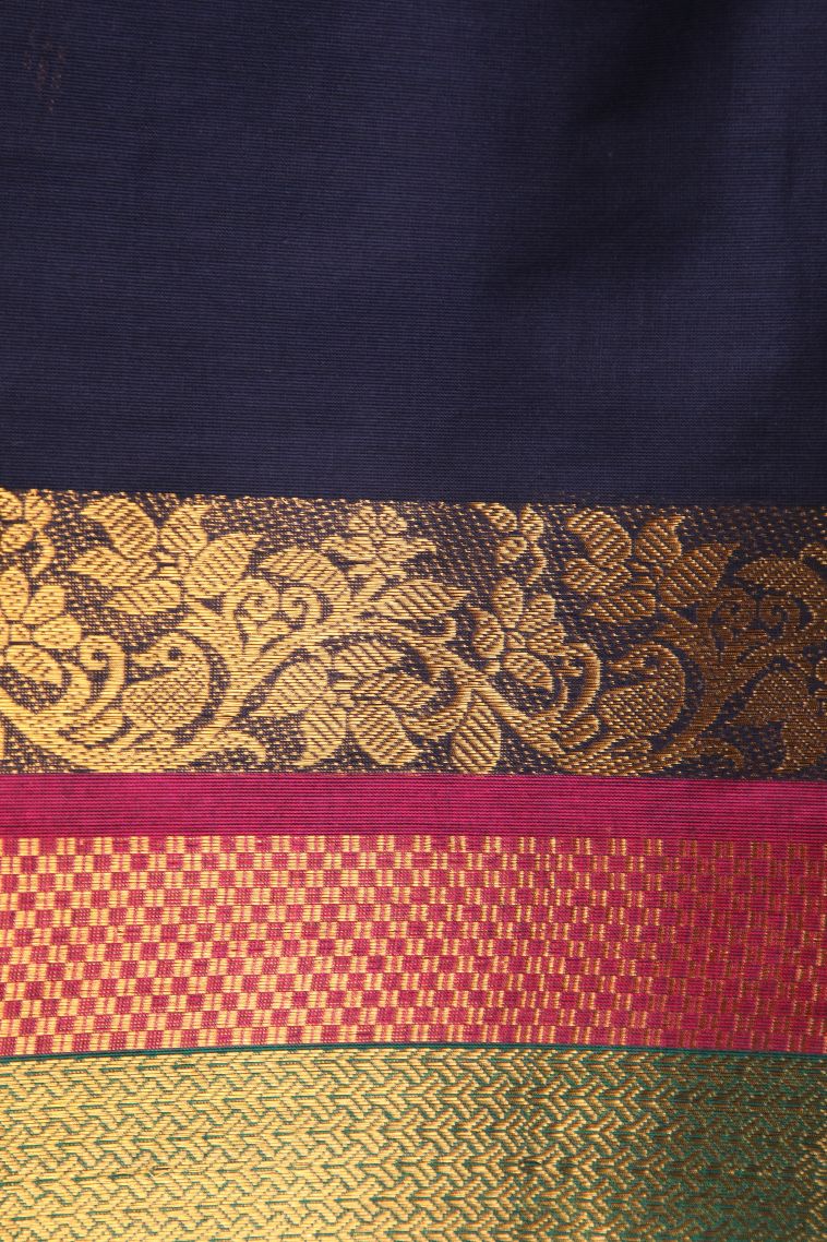 Indigo Blue Chettinad Cotton Sarees with Gold Zari Plain view 3