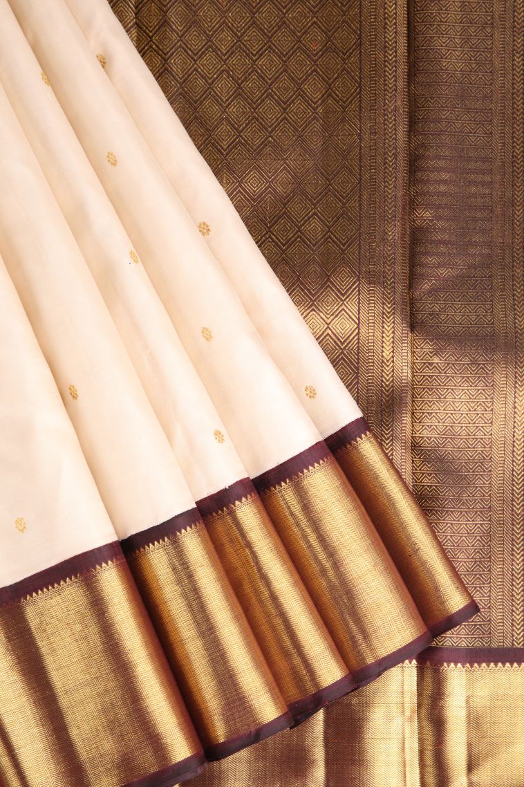Coconut White Kanchipuram Silk Sarees with Gold Zari Buttis (small Dots Or Motifs) view 1