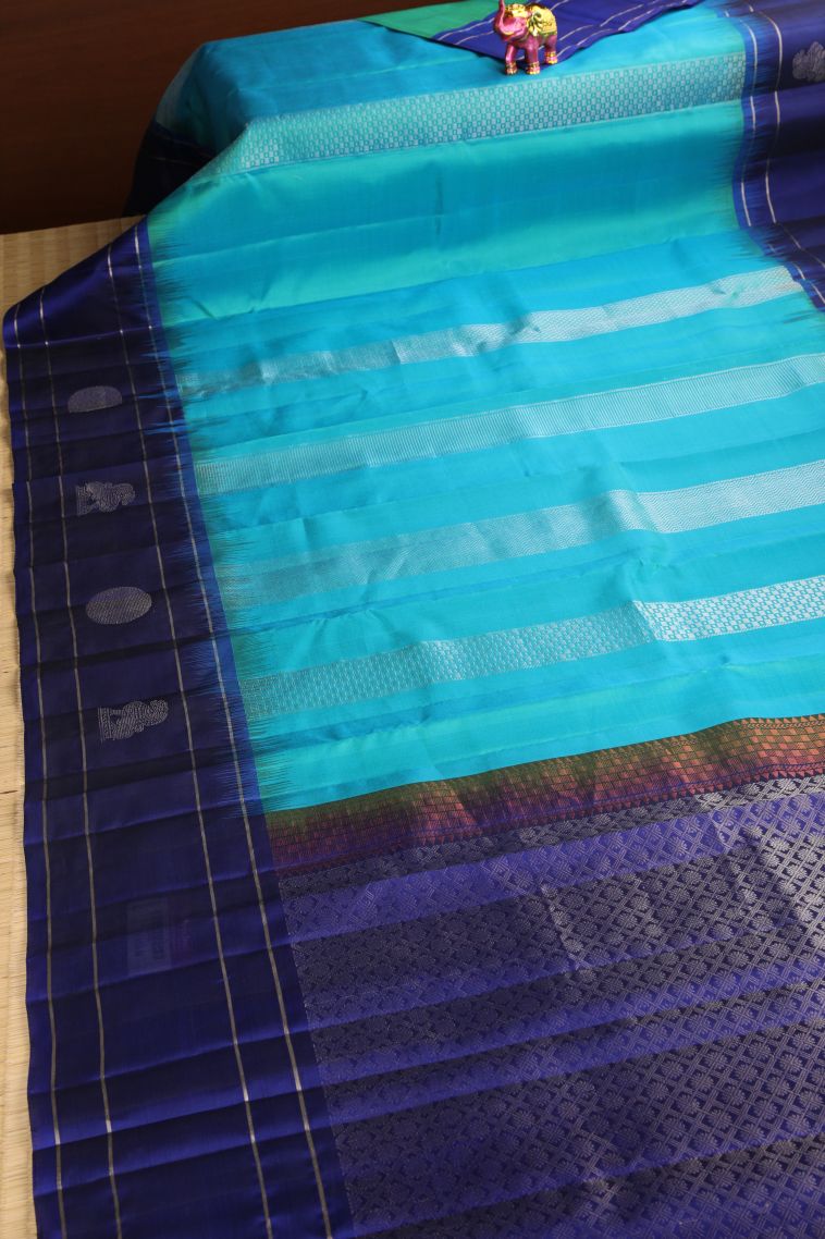 Sapphire Blue Soft Silk Saree with Gold Zari Stripes view 2