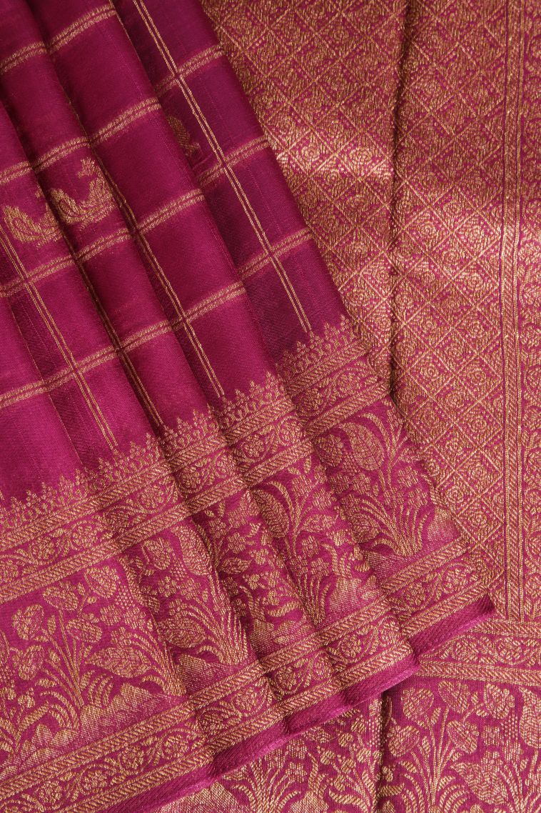 Magenta Purple Banaras Sarees with Antic Zari Checks