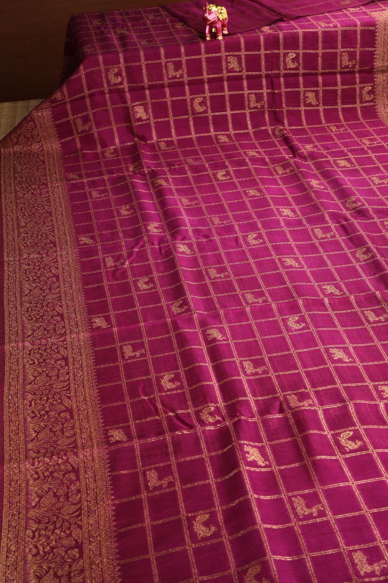 Magenta Purple Banaras Sarees with Antic Zari Checks view 2