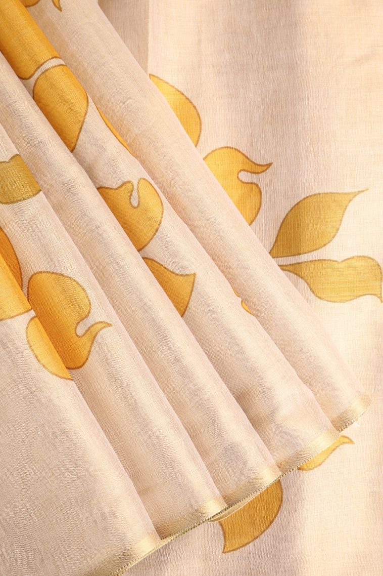Lemon Yellow Kora Muslin Saree with Gold Zari Floral Puttas view 1
