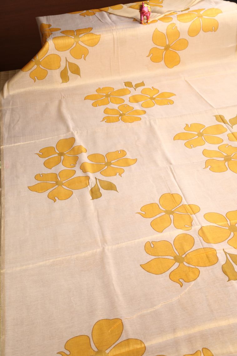 Lemon Yellow Kora Muslin Saree with Gold Zari Floral Puttas view 2